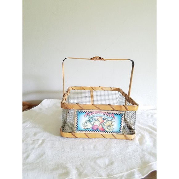Vintage Wire and Wood Vegetable Basket with Handle "Assorted Seeds Vegetable" - Picture 2 of 10